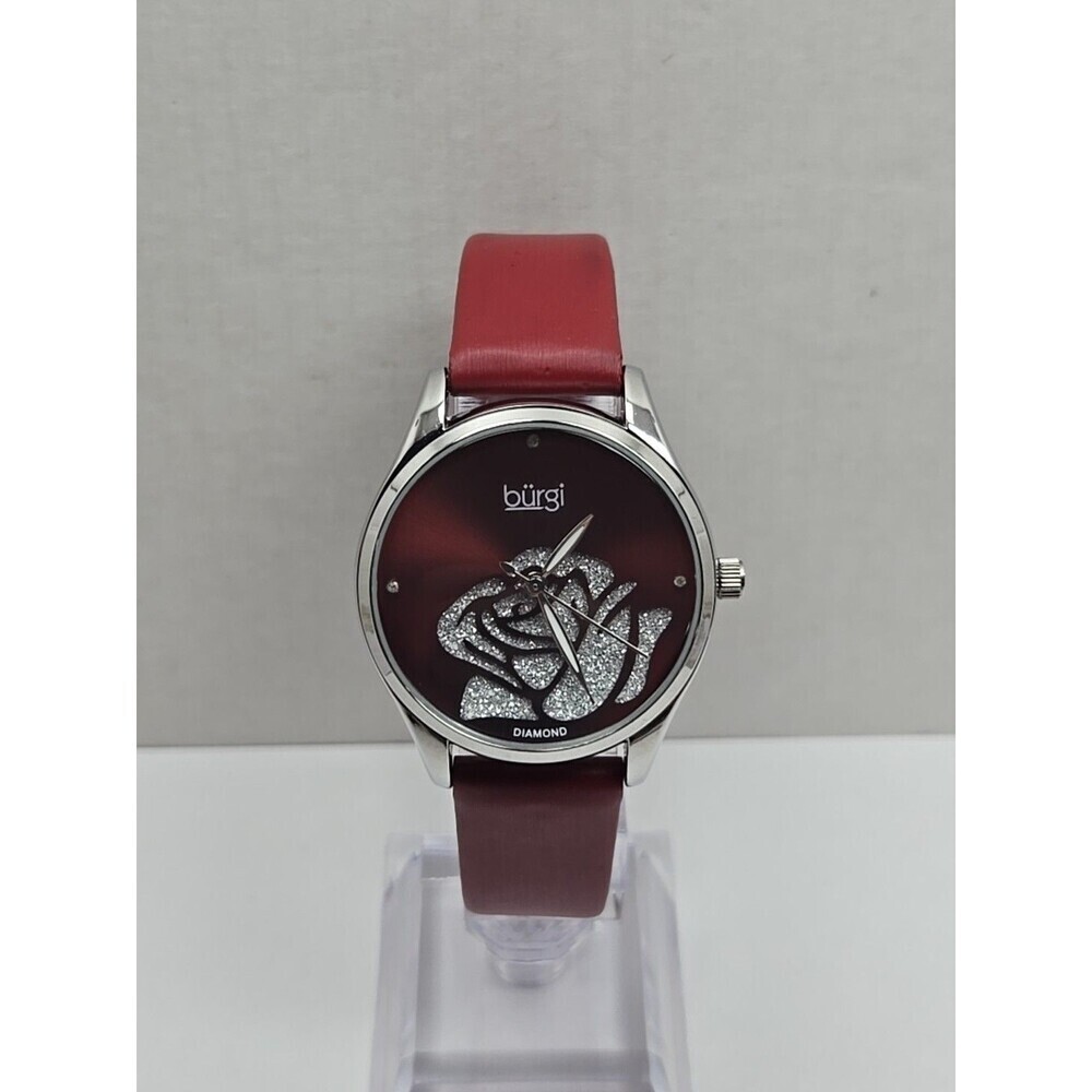 Burgi BUR189RD Womens Diamond Flower Dial Red Leather Quartz Watch New Battery